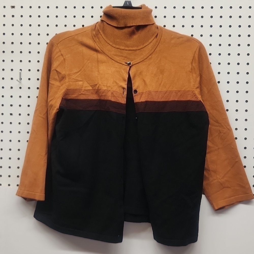 The Works 2pc cardigan sweater set.  Black brown great condition 83% silk